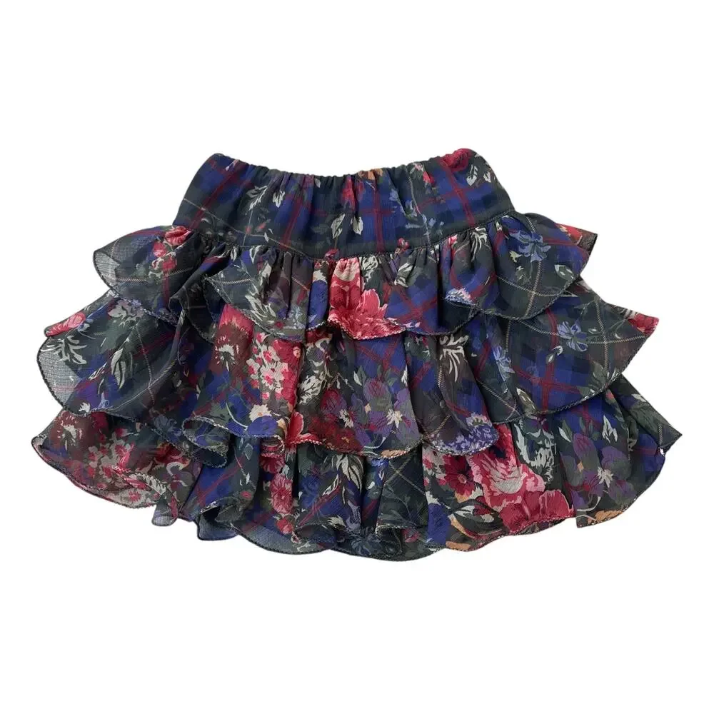 Ralph Lauren Floral Plaid Printed Tiered Skirt Kids Sz 3/3T